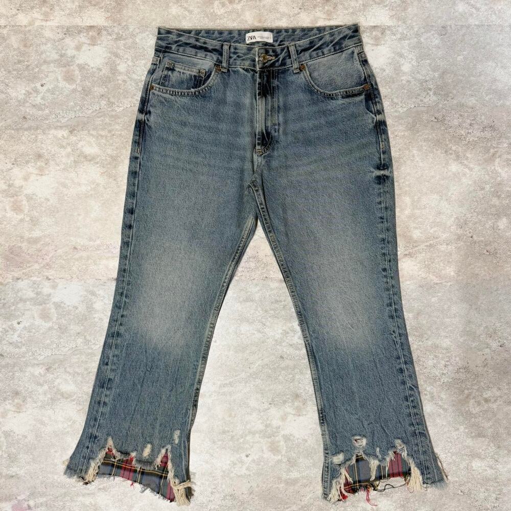 Zara Distressed Plaid Denim Jeans